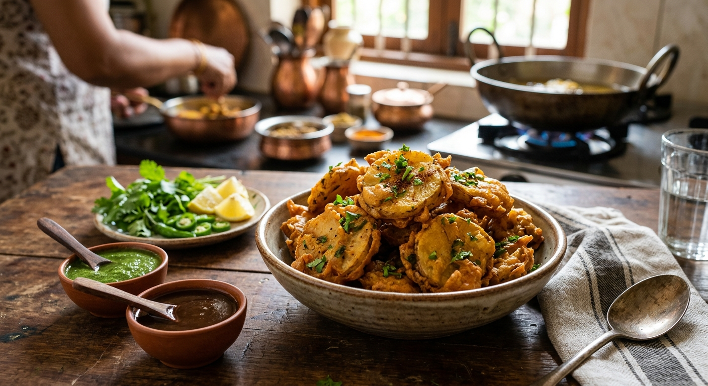 Crispy golden Aloo Pakora (potato fritters) served in a rustic wicker basket with fresh coriander, green chilies, mint chutney, and tomato ketchup on a wooden table. Traditional Indian tea-time snack photographed in warm natural light with a shallow depth of field, vertical food photography.